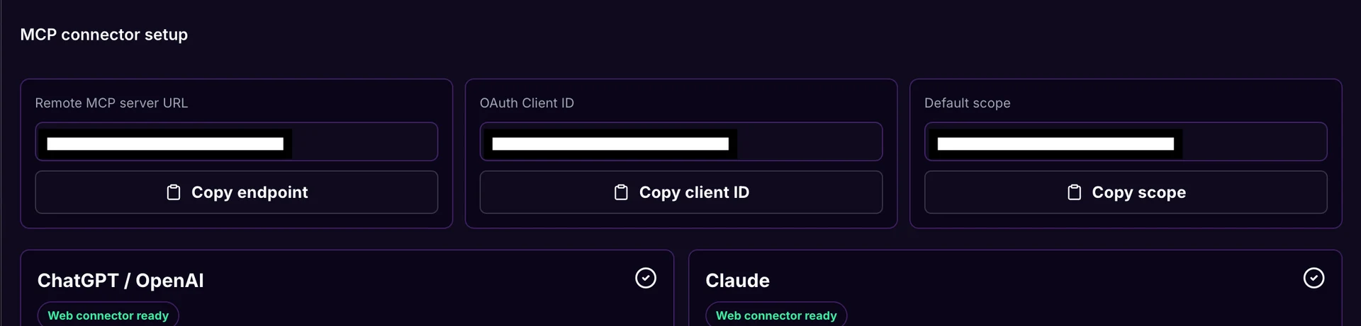 Breakwater MCP connector setup showing a remote endpoint, OAuth client identity, an explicit scope and approved AI clients.