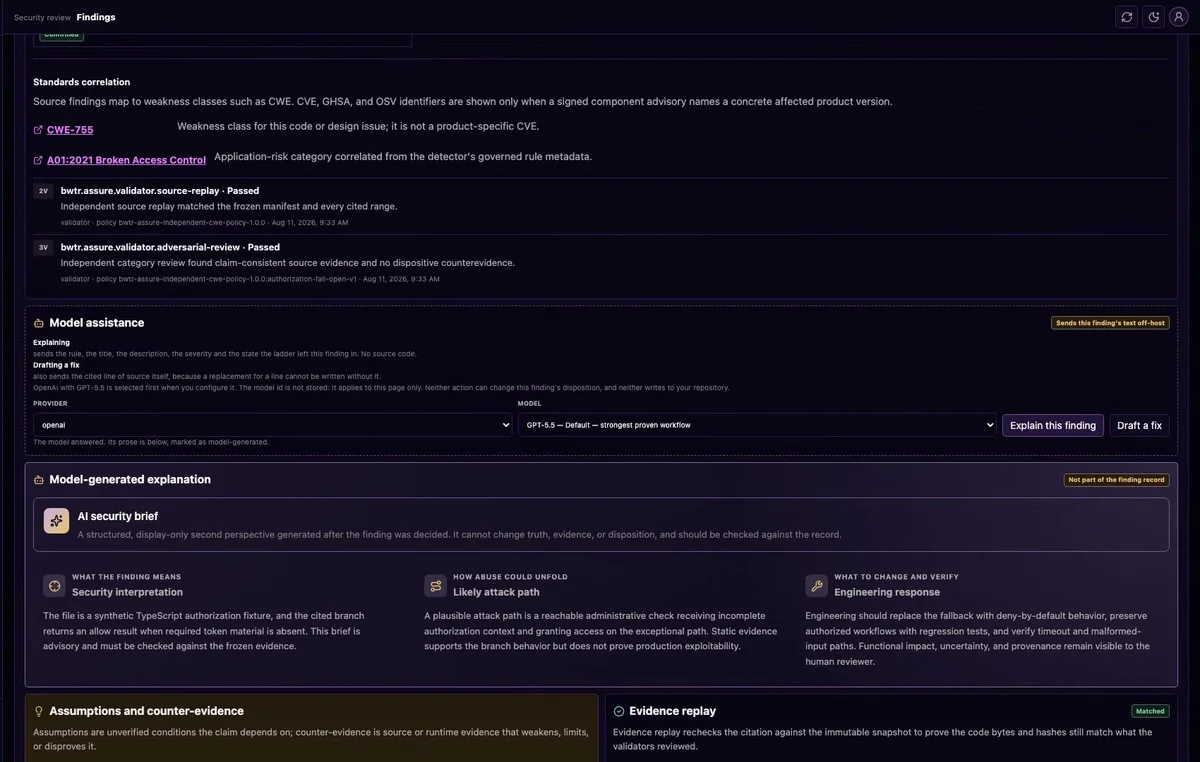 Provenance view showing a model-generated security brief alongside deterministic validation and evidence replay.