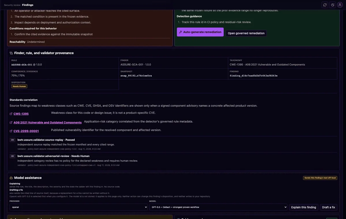 Provenance view showing standards correlation, source replay state and a finding that remains marked as needing human review.