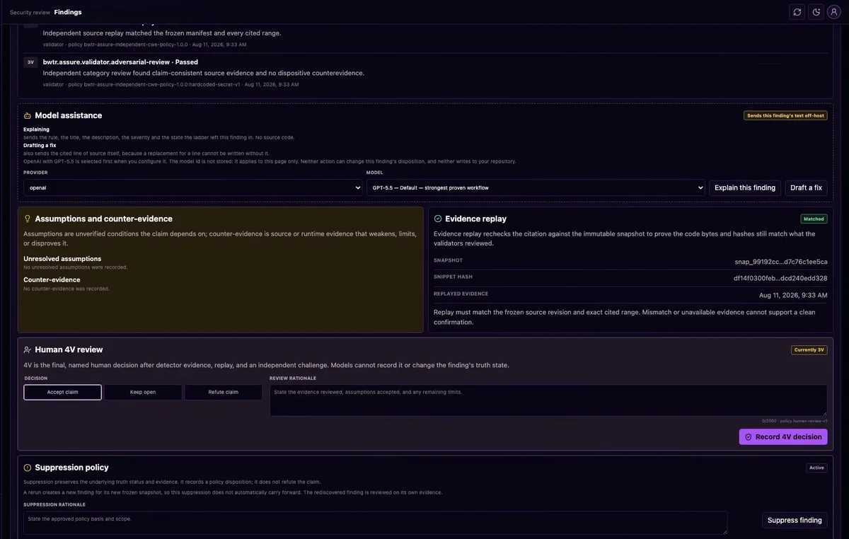 Provenance finding view showing assumptions, counter-evidence, matched evidence replay and a pending human 4V review.