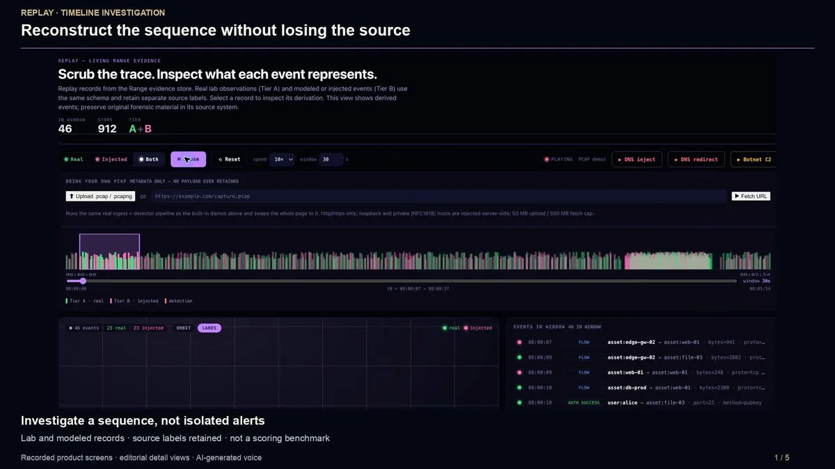 Response replay view showing a timeline with real and injected event labels and source-preserving event detail.